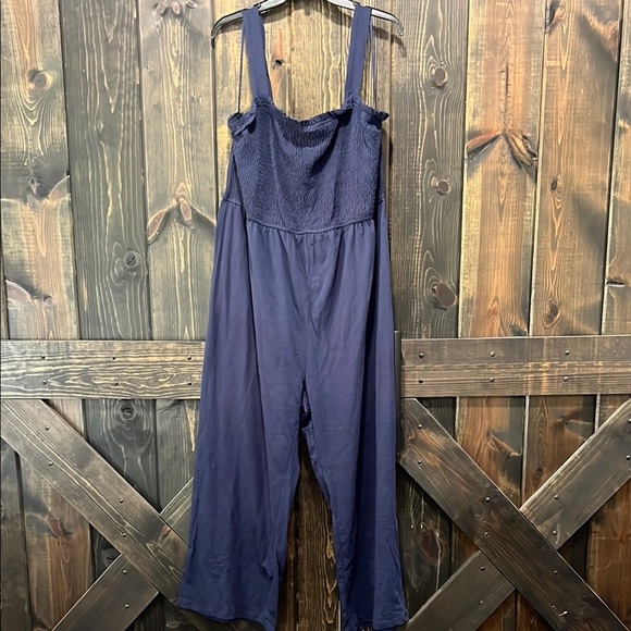 NWT Skies Are Blue Curvy Jumpsuit 2X Navy Blue Smocked Wide Leg Ruffle Top Boho - Picture 1 of 9